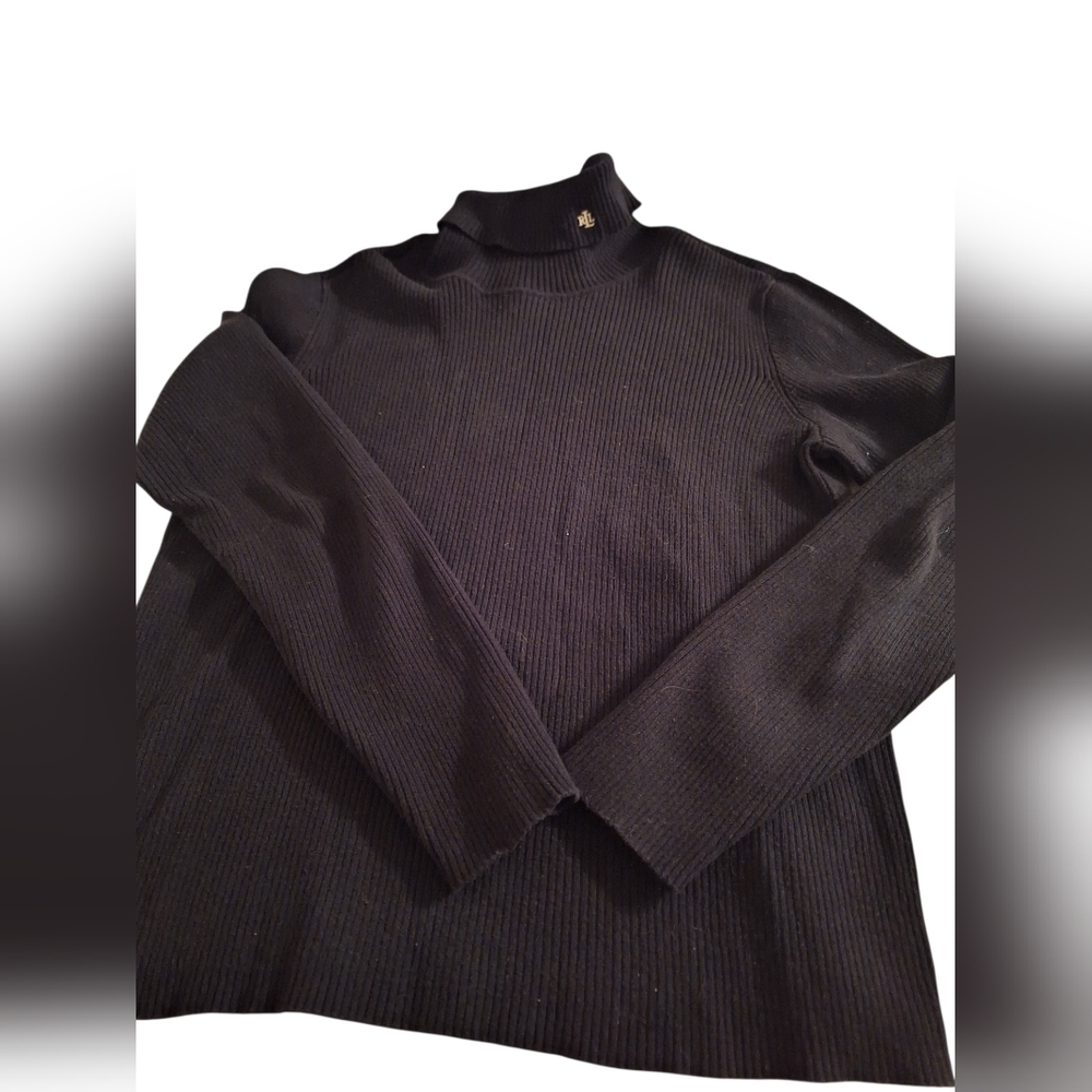 Ralph Lauren Sweater Women Black Turtleneck Stretch Knit Preppy Money LRL Ribbed